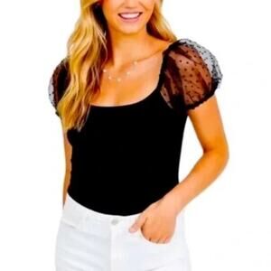 Altar’d State Black Puff Sleeve Mesh top polka dot detail size s Mobwife